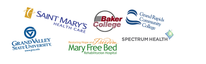 Partners include Saint Mary's Health Care, GVSU, Baker College, GRCC, Spectrum Health, Mary Free Bed