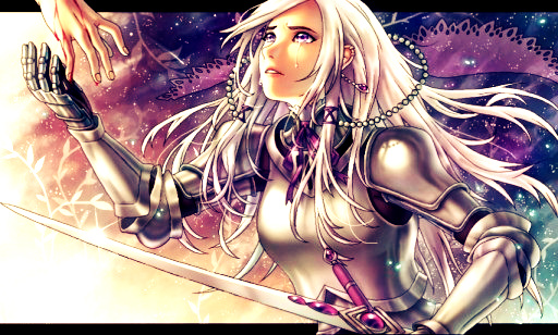 Digital drawing of an anime female character who is equipped with armor and a sword while reaching for someone elses hand.