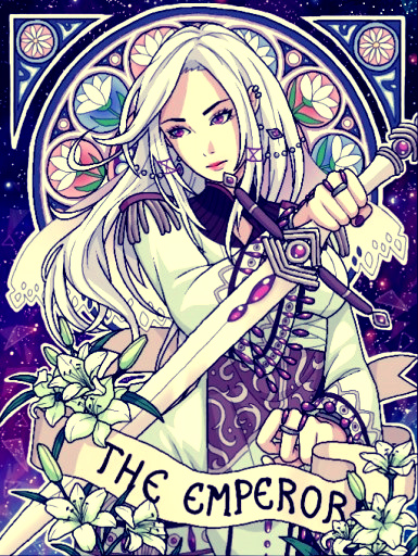 Digital drawing of a female anime character who is holding a sword and is surrounded with flowers and other ornate designs.